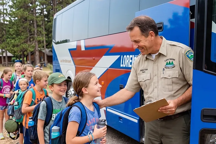 Camp director with clipboard greeting children with backpacks beside a Lorenz Bus Service motorcoach at a wooded camp drop-off