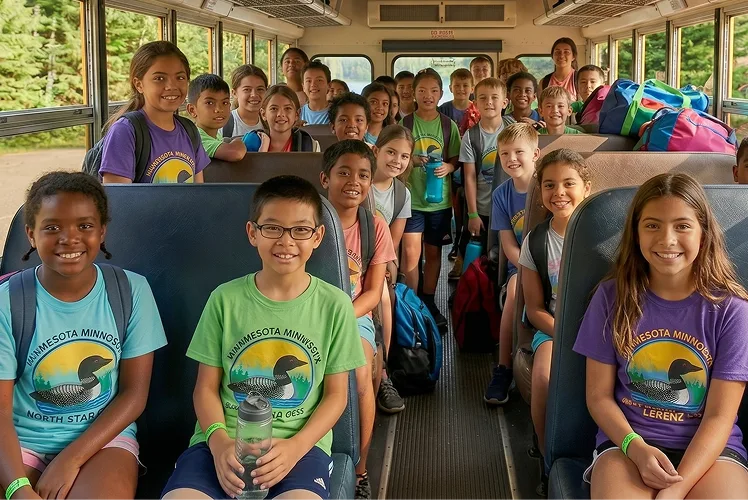 Diverse group of children in North Star Camp shirts seated and smiling inside a Lorenz Bus Service school bus