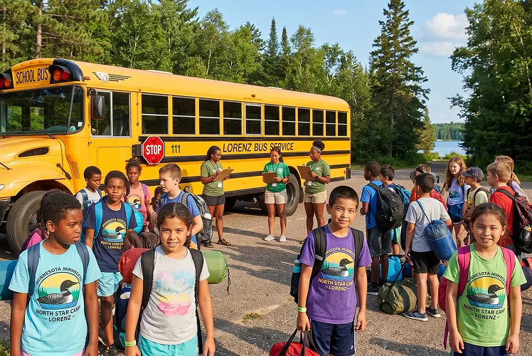 Children in North Star Camp shirts unloading from a Lorenz Bus Service school bus at a lakeside drop-off with camp counselors